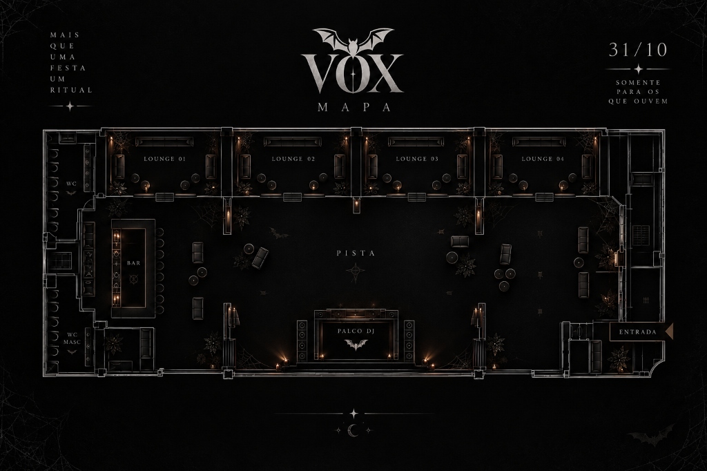 Mapa arquitetônico oficial da Vöx: A Noite das Sombras mostrando Lounges 01 a 04, Pista, Palco DJ, Bar e Entrada